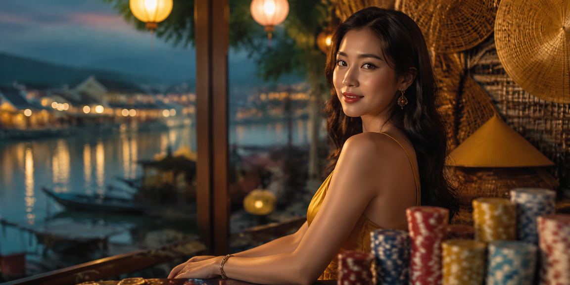 Người dùng tại Hội An chơi slot game trên điện thoại với phong cảnh nón lá truyền thống