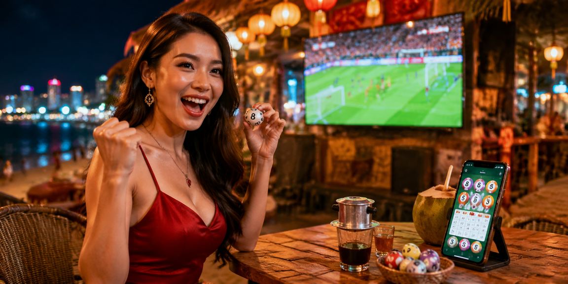 Người chơi tại Nha Trang theo dõi kết quả xổ số và Jackpot trên điện thoại bên bờ biển